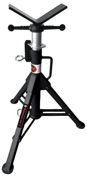 The Mathey Dearman V-Head Folding Pipe Jack - 3900 is a black, adjustable stand with a V-shaped top, crank handles, locking pin, and reinforced legs—ideal for holding or aligning heavy pipes during pipeline construction.