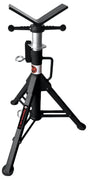 The Mathey Dearman V-Head Folding Pipe Jack - 3900 is a black, adjustable stand with a V-shaped top, crank handles, locking pin, and reinforced legs—ideal for holding or aligning heavy pipes during pipeline construction.
