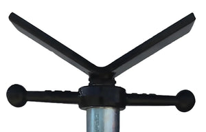 A close-up of the Mathey Dearman V-Head Folding Pipe Jack - 3900 shows its black V-shaped cradle and dual handles on a silver pole, ideal for pipe alignment in pipeline construction, set against a plain white background.